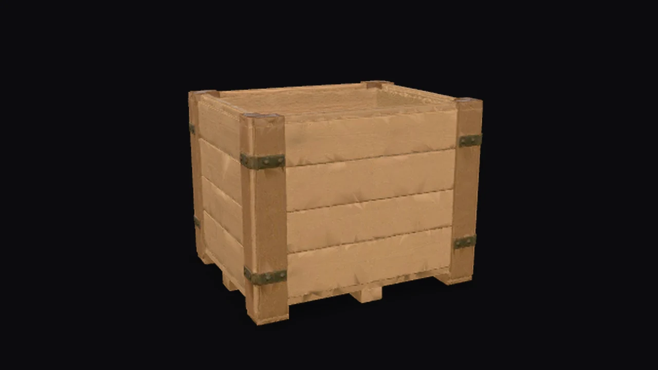A weathered wooden warehouse crate rendered with studio lighting.